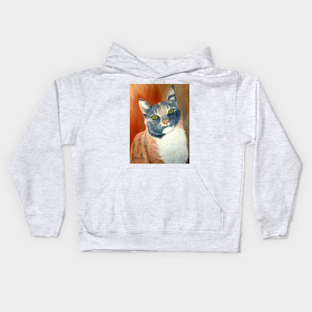 Calico Cat Pastel Portrait in Grey, White and Orange Kids Hoodie by KarenZukArt